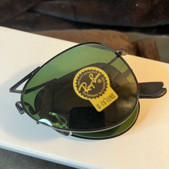 New Foldable Rayban G-15 Black Green Lense Aviator Sunglasses - Picture 9 of 11